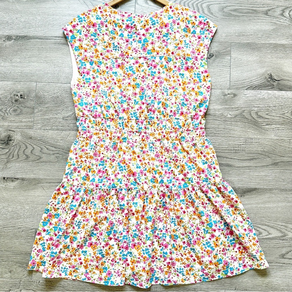 Kori Sage Combo Dress‎ Mini Elastic Shirring V-Neck Sleeveless Lined Floral - Picture 4 of 16